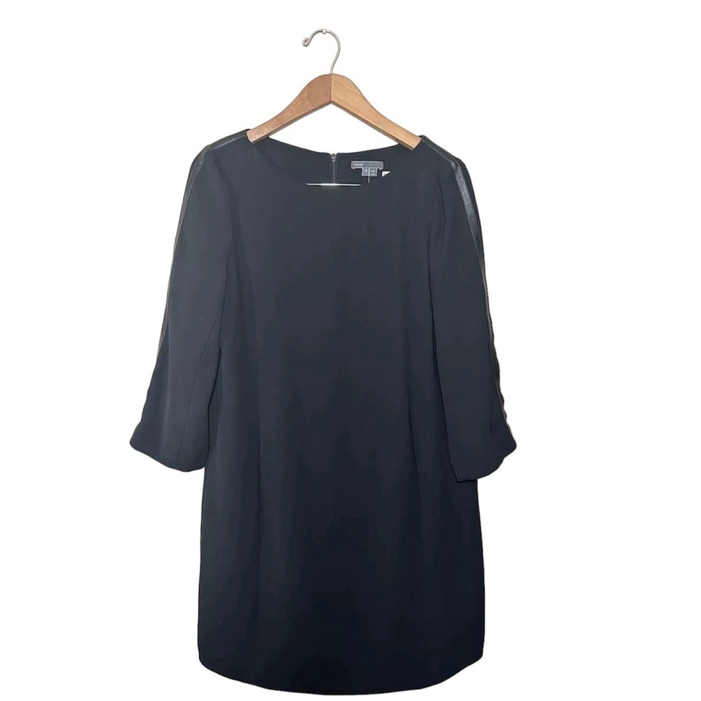 Vince Genuine Leather Trim Dress 3/4 Sleeve Boat Neck Zipper Women's Size 12 NWT
